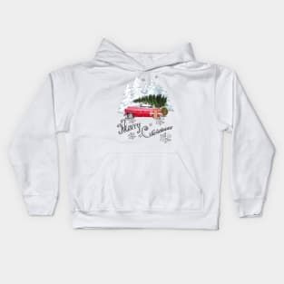 Traditional Old Fashioned Farmhouse Christmas Design: Vintage Car Hauling Tree in Snow Merry Christmas Kids Hoodie